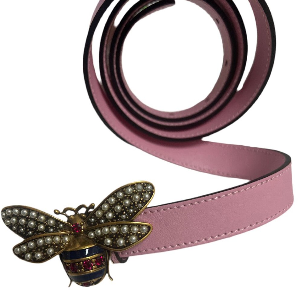 Gucci Pink Queen Bee Pink Leather Belt Sz-90